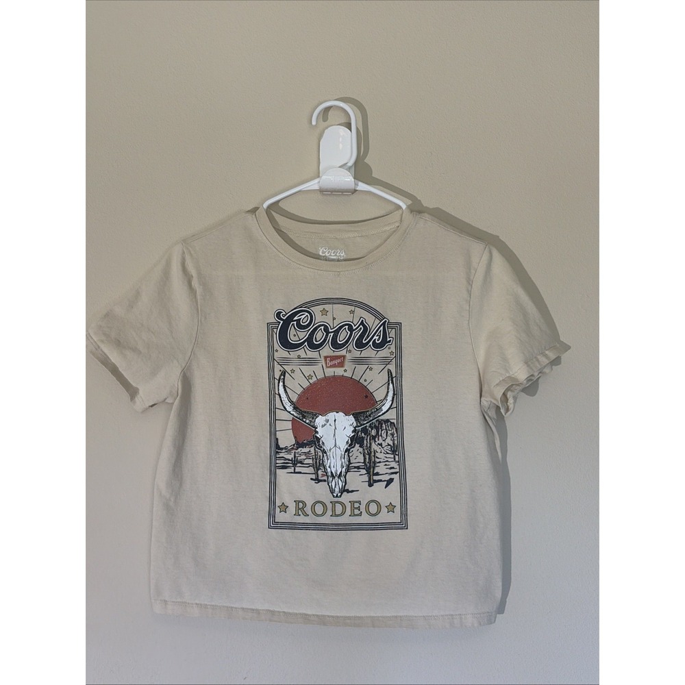 Coors Hybrid Apparel Cream Graphic Rodeo‎ Beer Festival Cropped Tee Shirt Medium